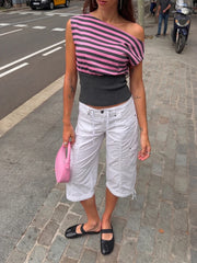 Pink Stripe Off Shoulder T-Shirt