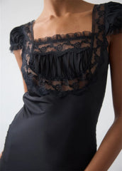 Lace Trim Short Sleeve Satin Maxi Dress