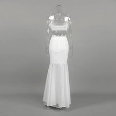 White Satin Lace Trim Bralette And Maxi Skirt Set