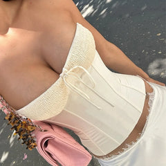 White Smocked Tied Tube Corset Top