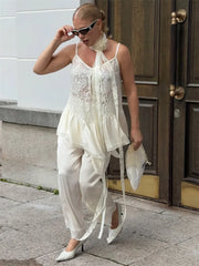 White Lace Printed Strap Long Top