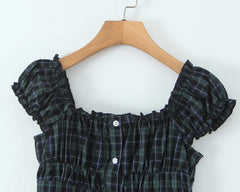 Off-Shoulder Plaid Buttoned Mini Dress