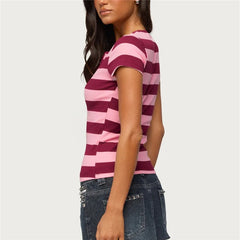 Pink Striped Half Button Short Sleeve T‑Shirt