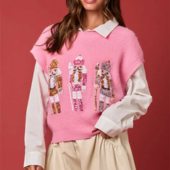Sequin Nutcracker Graphic Crewneck Sleeveless Sweaters