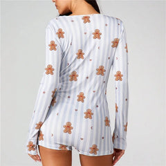 Gingerbread Man Bow Striped Long Sleeve Romper Pajama