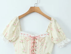 Floral Puff Sleeve Lace Trim Ruffle Hem Maxi Dress