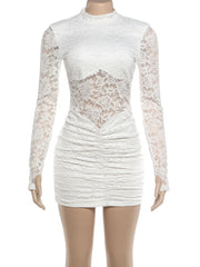 White Lace Long Sleeve Mock Neck Sheer Bodycon Mini Dress