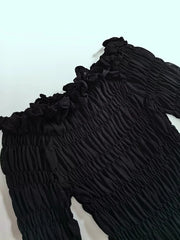 Black Smocked Slash Neck Long Sleeve Top