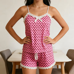 Pink V Neck Dot Print Cami Top and Elastic Waist Shorts Loungewear Set