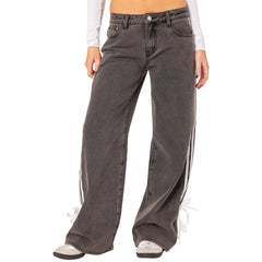 Low Rise Jeans Side Stripe Tie Bow Straight Leg Denim Pants