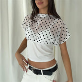 Polka Dot Mesh Overlay Short Sleeve Top