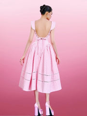 Plaid Collar Back Tie Up Midi Dress