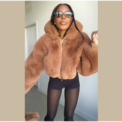 Faux Fur Zipper Hooded Jacket