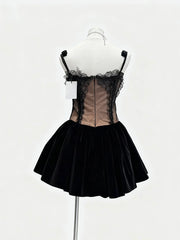 Black Corset Lace Trim Desgin Flare Mini Dress