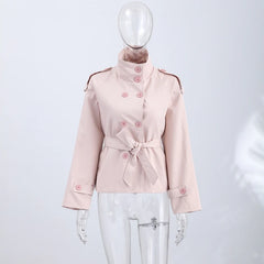 Stand Collar Double Breasted Long Sleeve Belted Short Trench Coat