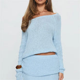 Blue Knit Long Sleeve Off Shoulder Top