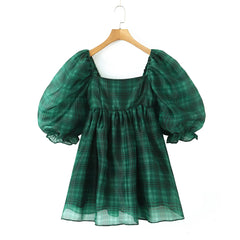 Green Gingham Puff Sleeve Organza Ball Mini Dress