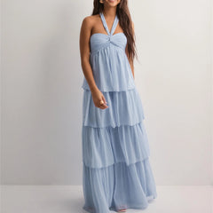 Strapless Tiered Hem Tube Tie Up Maxi Dress