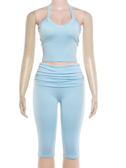 Halter Low-Neck Tank Tops And Elastic Waist Capri Pants Set