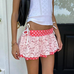 Pink Polka Dot Lace Patchwork Mini Dress