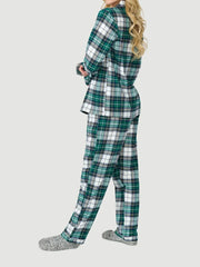 Plaid Print Long Sleeve Button Down Tops And Elastic Waist Pants Christmas Pajama Set