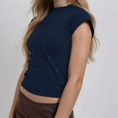 Short Sleeve Ribbed Asymmetric Buttoned Top