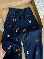 Embroidered High Waisted Straight Leg Jeans