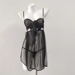 Tie Up Babydoll Mesh Dot Lace Nightdress with Panties Pajama Set