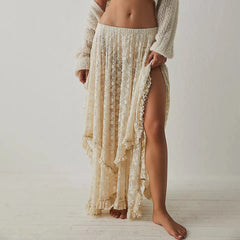 Lace Ruffle Sheer Asymmetrical Hemline Midi Skirt
