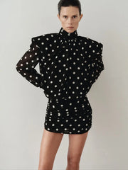 Black Turtleneck Mesh Full Sleeve Polka Dot Print Mini Dress