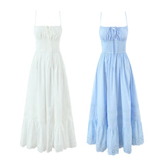 Smocked Ruched Tie Up Strappy Maxi Dress