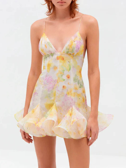 Colorblock Floral Cross Strap Mini Dress