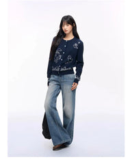 Blue Cartoon Embroidery Cardigan