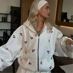 Cherry Print Zip Up Hoodie