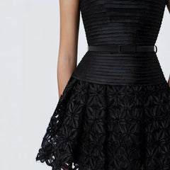 Black Pleated Strappy Lace Mesh Hem Mini Dress