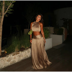 Gold Halter Open Back Crop Top And Maxi Skirt Set