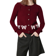 Burgundy Bow Print Crew Neck Knit Cardigan