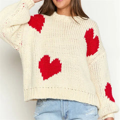 Heart Print Round Neck Knitwear Pullover
