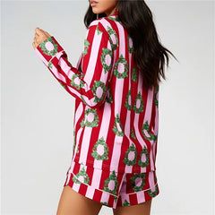Christmas Striped Printed Long Sleeve Button Down Shirt And Shorts Pajama Set