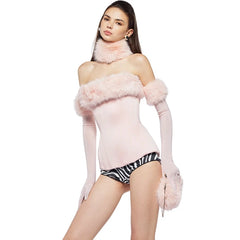 Furry Trim Strapless Top With Gloves