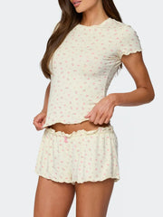 Floral Print Ruffles Hem Crop Top And Shorts Pyjama Set