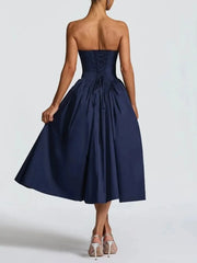 Strapless Lace Up Flare Pleated Midi Dress