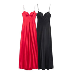 Satin Solid V-neck Strap Maxi Dress