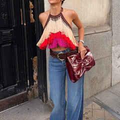 Fringe Knit Crop Halter Top