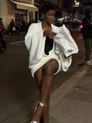 White Knit Deep V-Neck Mini Long Sleeve Dress