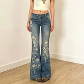 Low Waist Floral Embroidery Flare Denim Jeans