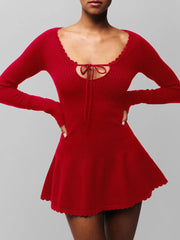 Solid Knit Long Sleeve Front Tie Mini Dress