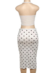 Polka Dots Slit Crop Top And Mid Skirts Set