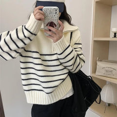 Striped Zipper Collar Sweater