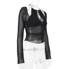 Black Sheer Mesh Patchwork Long Sleeve Top